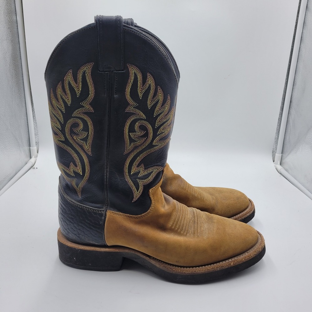 Justin Boots 5018 Mens 7.5 EE Black Tan Leather Western Cowboy Boots Made in USA